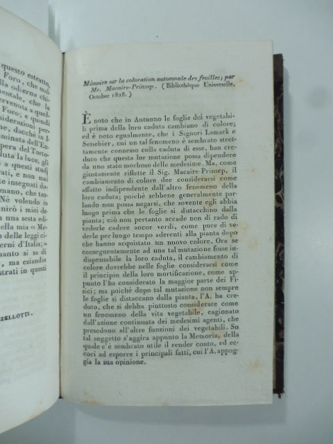 Memoire sur la coloration automnale des feuilles par M. Macaire Prinsep...(Stralcio da: Nuovo giornale de' letterati. N. 42. 1828)